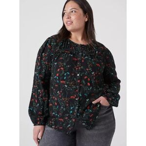 Lane Bryant Flounce Button Down Shirt 16 Black Floral Ruffle Viscose Blouse